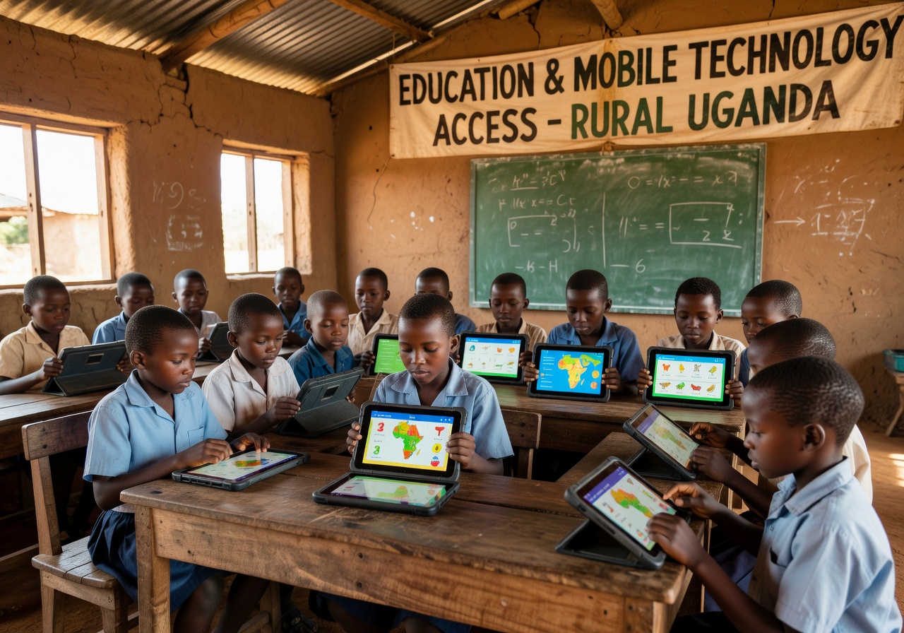 Ugandan school children learning in a bright classroom
