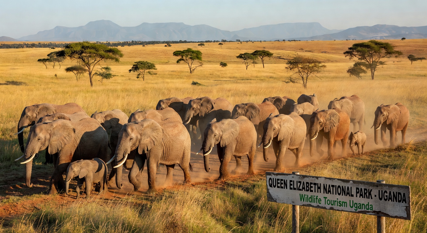 African elephants roaming Uganda's savannah grasslands