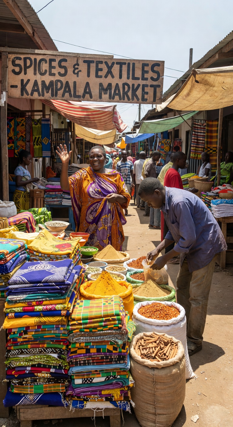 Bustling Ugandan market with vendors and fresh produce